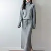 26 Otoño Invierno Nuevo Jersey de Cuello Alto 100% Lana Falda Larga Hasta la Rodilla Conjunto de Punto para Mujer Conjunto Casual de Dos Piezas
