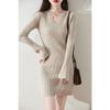Vestido de Lã Pura com Gola Meia-aberta, Manga Sino, Ajustado ao Corpo, Saia Base Tricotada no Quadril, Vestido Suéter de Comprimento Médio - Novidade Outono e Inverno