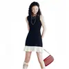 Vestido Colete Preto Sem Mangas Estilo Hepburn Francês de Jin Jing para Mulheres no Verão com Cores Contrastantes e Saia Tricô Justa