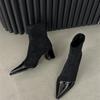 Botines Cortos de Tacón Alto con Punta Estilo Europeo y Americano 2026 Nuevo Otoño e Invierno Diseño de Nicho Patchwork Botas Ajustadas Tacón Grueso Elegante Botas de Moda