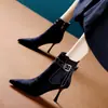 Botas de Tacón Fino Elásticas 2026 Otoño Nuevo Estilo Diseño de Moda Hebilla Punta Tacón Alto Botas para Mujer