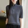 Nueva Camisa de Punto de Seda y Lana con Cuello Alto Falso, Cremallera Media, Color Sólido, Manga Media, Camisa Base Superior para Primavera y Verano 2025