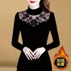 Camisa Base de Renda Redonda Fina/Forrada com Pelúcia para Mulheres, Manga Longa, Elegante Outono Novo Slim Fit Top de Tela