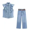 Estilo Europeo y Americano Amazon Aliexpress Tendencia de Moda Popular Chaleco de Mezclilla Versátil con Cinturón Traje de Jeans