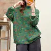 2025 Tejido de Punto Estampado de Algodón para Mujer Otoño e Invierno Nuevo Suéter de Punto de Cuello Redondo Holgado Talla Grande de Manga Larga