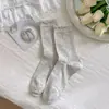 Calcetines finos huecos para mujer hasta media pantorrilla con lazos, calcetines de ballet para mujer, calcetines apilados de encaje con parte superior de burbuja estilo japonés
