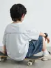 Camiseta de Manga Corta para Niños 2026 Nuevo Estilo de Verano para Niños Mayores, Top de Algodón Puro con Cuello Redondo y Bordado de Letras, Camiseta Holgada de Moda