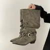Botas de moda retro de gamuza con punta fina y plisados para mujer, otoño 2026, nuevas, ajustadas, hasta la pantorrilla, tacón grueso, hasta la rodilla, largas