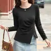 92% Algodão, 8% Elastano, Estilo Coreano, Design Irregular, Fenda Lateral, Blusa de Manga Longa para Primavera e Outono