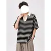 Camisa Polo de Rayas de Color Contrastante de Manga Corta para Hombre, Casual de Verano y Versátil Estilo Callejero Americano Suelta Moderna Camiseta Pulóver