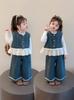 Conjunto de Primavera para Meninas 2025 Novo Estilo Colete Jeans Moda Primavera & Outono Estilo Coreano Casual Conjunto de Três Peças para Bebês
