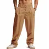 Pantalones Largos Casuales Deportivos de Lino para Hombre Europeos y Americanos Pierna Recta Decoración de Botones Transpirable Holgado con Cinturón