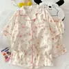 Pijama para Mujer de Verano Nubes Algodón Cardigan Traje 2025 Nuevo Casual Dulce Manga Corta Pantalones Cortos Delgados Ropa de Casa