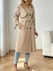 Suministro exclusivo transfronterizo: Gabardina larga de doble botonadura estilo europeo y americano con cuello de solapa y cinturón de corbata. Disponible para dropshipping