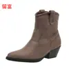 LiuFu 2026 Otoño/Invierno Nuevo Estilo Europeo y Americano En Stock Talla Grande Escote Bajo Tacón Grueso Botas para Mujer WISH Amazon Botas de Cuero