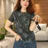Dropshipping Popular Camiseta de Manga Curta Slim Fit para Transmissão ao Vivo Top Feminino 2026 Verão Estampada Gola Redonda Camisa Básica Solta