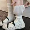 Calcetines color marrón melardo, calcetines de media pantorrilla para mujer, ribete de encaje para primavera y otoño, estilo japonés y coreano, combinados con zapatos pequeños de cuero, calcetines con volantes