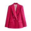 Casaco Blazer de Tweed Xadrez Moda Dupla Face Verde Branco Vermelho Transfronteiriço Retro Manga Longa Bolso Casaco Terno
