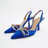 2022 primavera e verão novos sapatos femininos azul strass borboleta Dew salto alto sapatos Muller bico fino sandálias tira traseira para mulheres