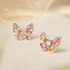 Pendientes de Plata de Ley 925 con Mariposa y Turmalina para Mujer, Pendientes Huecos de Circonita de Color Dopamina Fresco, Nuevo Estilo de Verano