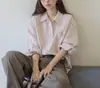 Camisa Sólida Simple con Cuello de Solapa para Mujer, Top Casual de Manga Larga con Bolsillos Grandes y Efecto Drapeado