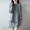 Suéter de malha elegante de manga comprida com decote reto e saia curta de malha, novo conjunto de duas peças para mulheres, lã pura, outono e inverno