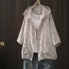 Top floral suelto artístico casual con capucha para mujer, chaqueta corta de gasa de algodón de doble capa, cárdigan fino, ropa de protección solar