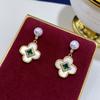 Pendientes de Perla de Agua Dulce Natural, Trébol de Cuatro Hojas y Diamante Verde para el Día de la Madre, Pendientes de Aro Versátiles de Lujo Ligero para Mujer, Clavos de Plata S925