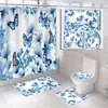 Nuevo juego de alfombrilla de baño y cortina de ducha de franela estampada con mariposas y flores, un accesorio de baño de cuatro piezas para uso doméstico, diseñado para la decoración del baño y la prevención de moho.