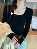 Versátil top de punto para mujer, novedad otoño temprano 2026 estilo coreano ajuste ceñido cuello cuadrado suéter corto