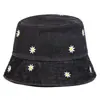 Chapéu de Pescador Estilo Japonês Flor Margarida Feminino Vintage Velho Jeans Balde Primavera e Verão Chapéu de Sol