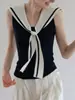 [En Stock] Chaleco de Punto Delgado con Cuello de Corbata Azul Marino para Mujer, Verano Estilo Coreano Adelgazante Dulce sin Mangas