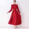 Vestido Longo Elegante Retro com Gola Alta, Mangas Longas Franzidas e Cintura Marcada com Cinto