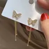 Pendientes de botón de mariposa de diamante con pasador de plata 925 dos borlas largas simples pendientes de alta calidad joyería pequeña y fresca