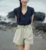 Camisa Solighte Ramie Retrô Francesa Decote V Feminina Verão 2025 Nova Slim Solta Top
