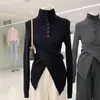 Tecido de fio de dois cabos, caimento irregular, suéter de tricô de gola alta com fenda, projetado para mulheres, adequado para outono e inverno