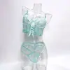 Europeu e Americano Puro Desejo Sexy Tridimensional Flor Bordada Corset Lingerie Alças Suporte de Aço Renda Modeladora Transparente Erótico Conjunto