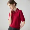 Baicai Terciopelo Cachemir Cuello Polo Manga Corta con Perlas 2026 Nuevo Estilo Coreano Calado Lunares Versátil Top de Punto