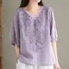 Blusas de Manga Corta de Verano, Camisas Sueltas de Seda y Lino, Tops Delgados de Estilo Retro para Mujer, Bordados, Sudeste Asiático, Otros