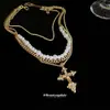 Pingente de Cruz Cravejado com Diamantes Colar de Pérolas em Camadas Retro Francês Luz de Luxo Corrente de Clavícula de Alta Qualidade Corrente de Pescoço de Nicho para Mulheres