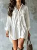 2026 Transfronterizo Amazon Europeo y Americano Algodón Lino Vestido de Manga Larga Camisa de Botones Vestido Delgado Abertura Casual Ajuste Holgado