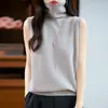 Top de Lã 100% Pura com Gola Alta, Sem Mangas, Pronto para Usar, Colete Feminino para Outono e Inverno, Top de Tricô Básico Sem Mangas