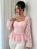 Blusa jacquard floral feminina transfronteiriça, novo estilo de primavera, decote quadrado, mangas bufantes, costas franzidas, barra com babados e cintura ajustada