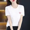 2025 Top Feminino Slim Fit Manga Curta Gola Redonda Algodão de Seda Branco Camiseta Tendência com Strass Top Estilo Chanel
