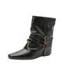 Botas Apiladas Plisadas de Punta Cuadrada que Aumentan la Altura para Mujer Otoño Invierno Nuevas Botines con Hebilla de Suela Plana Botas de Caña Alta Botas Vaqueras Occidentales