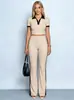 Conjunto de Dos Piezas con Cuello Polo de Colores Contrastantes 2026, Top Corto de Punto Acanalado y Pantalones de Pierna Ancha de Cintura Alta Atuendo de Verano
