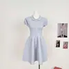 Vestido tejido de cuello de bebé/vestido de manga corta abullonada que ciñe la cintura, vestido corto para mujer, verano, algodón azul y blanco
