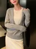 Suéter de punto slim-fit 100% lana con cuello en U grande, de dos piezas simuladas, estilo Maven Lin, para mujer, corte holgado para primavera y otoño