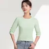 Camiseta de Manga Siete Cruzada con Cuello Redondo para Mujer Algodón Puro Capa Interior Primavera Verano Nuevo Estilo Capa Base Corte Ajustado Algodón Mercerizado Top para Mujer