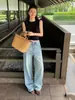 Jeans de Pierna Ancha Sueltos para Mujer, Estilo Nuevo de Verano 26, Tiro Bajo, Lavado Retro Láser, Efecto Bigote Radial Tridimensional